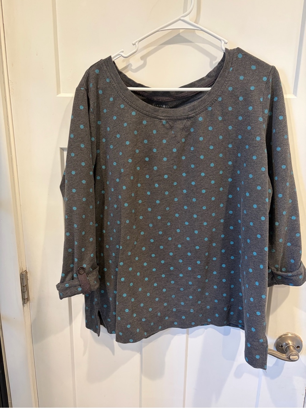 Karen Scott Charcoal Gray Pullover Top with Blue Polka Dots